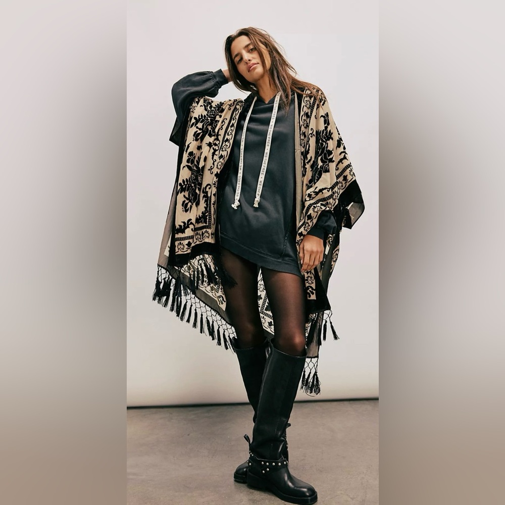 Free People Nightbird Burnout Kimono In Black Combo OS